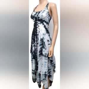 Tie Dye Maxi Corset handkerchief  asymmetrical Hem Black White Dress Nwt